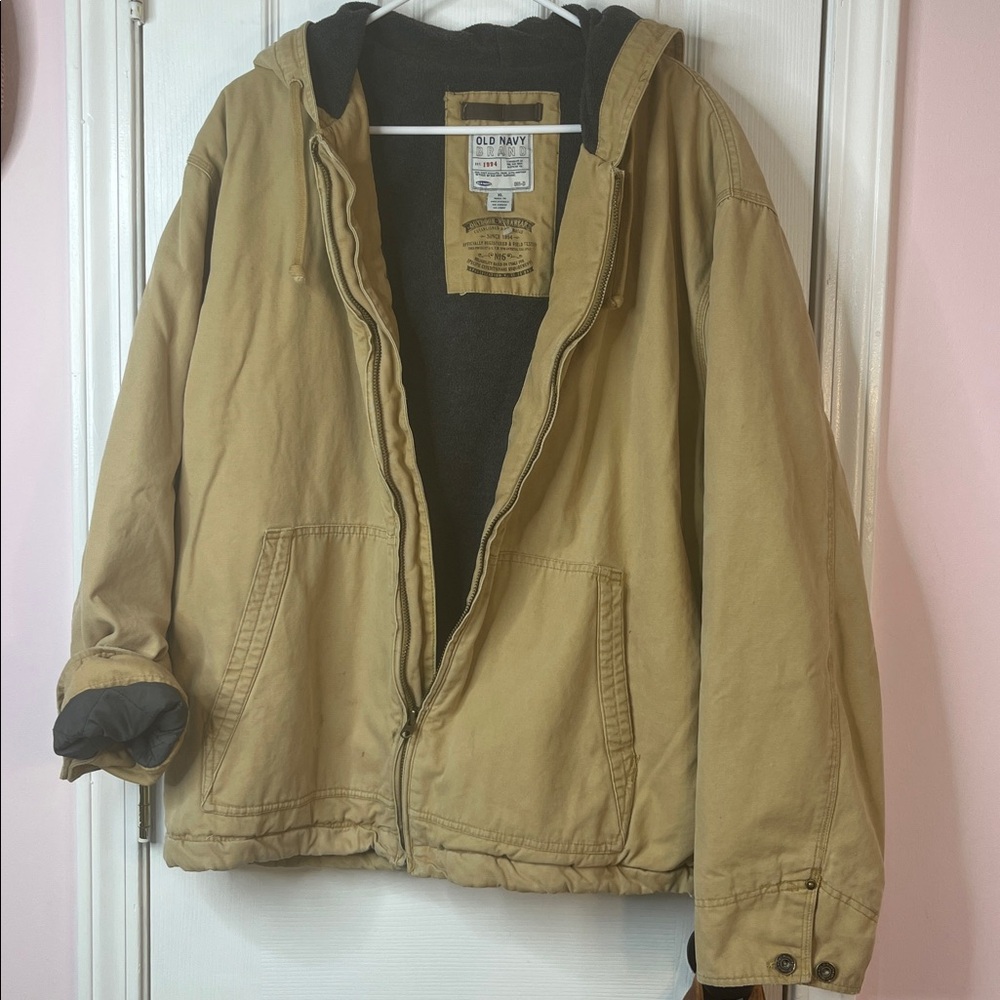 Vintage Old Navy Jacket Canvas Fleece Lined Hood Tan Zip Up Size XL Y2K